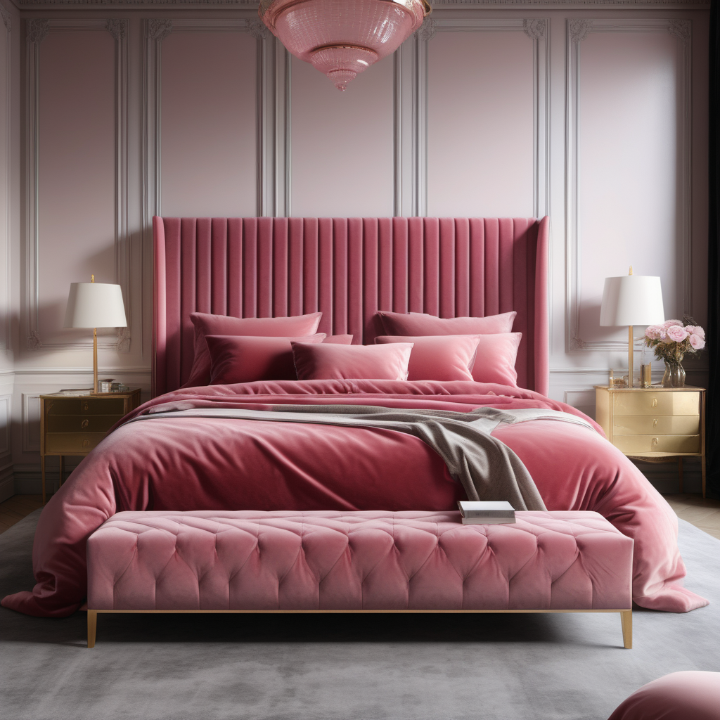 a hyperrealistic image of a velvet modern Parisian  king bed  in dusty rose, oak and brass 
