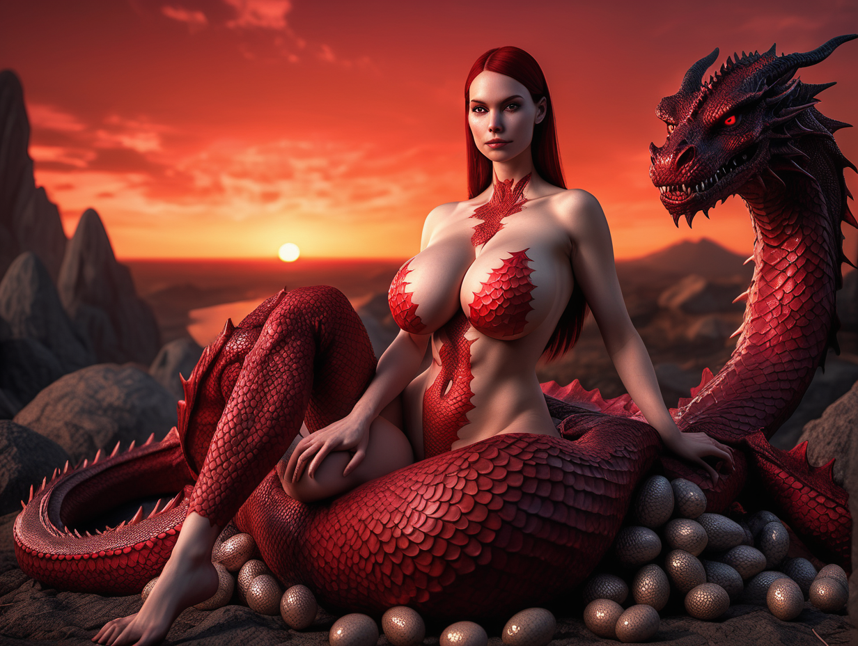 ultra-realistic high resolution and highly detailed adult film photoshoot of a slender female human, with massive firm breasts, red scales growing on her body, she has draconic symbols on her arms and body, sitting  in the sunset guarding a clutch of dragon eggs facing the camera