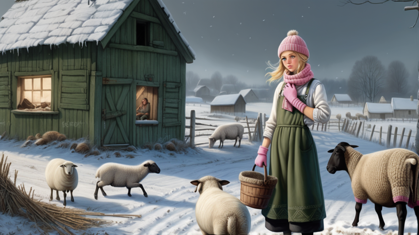 The young blond peasant woman with green eyes is digging in the fields in winter - everything is covered with snow, it is evening and she is watching animals. Everything is muddy - next to it there is an old and broken shack with black smoke coming out of the chimney. A wooden shed. Next to it is a stable - full of sheep and animals. There are also bales of straw. It's winter, it's very studenty. The girl is wearing a torn and torn dirty white woolen sweater, tight black elastic pantyhose with mud stains, she wears a quilt and a knitted hat. On his feet are worn muddy and dirty rubber shoes, from which white dirty knitted woolen home-made socks are coming out. Dressed with thick quilting in a dirty green color. There is a torn knitted pink scarf - dirty from the mud. He also wears funny knitted gloves.