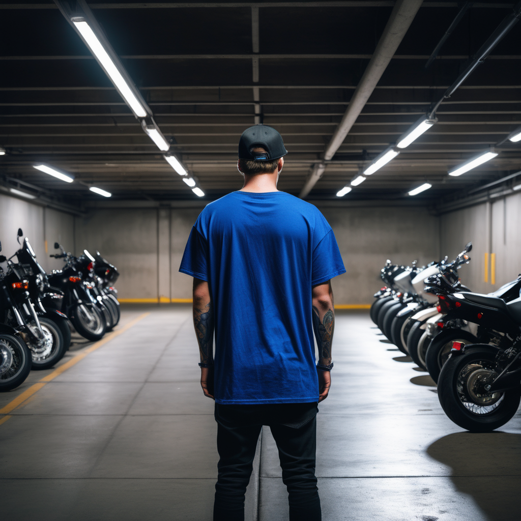 guy with an oversized royal blue PLAIN t-shirt facing away in a dark parking garage with a couple motorcycles and hes standing 5 feet away