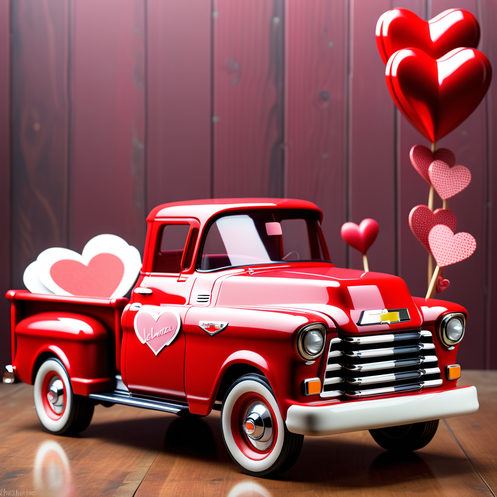 A red vintage chevy pickup truck with a valentines theme.