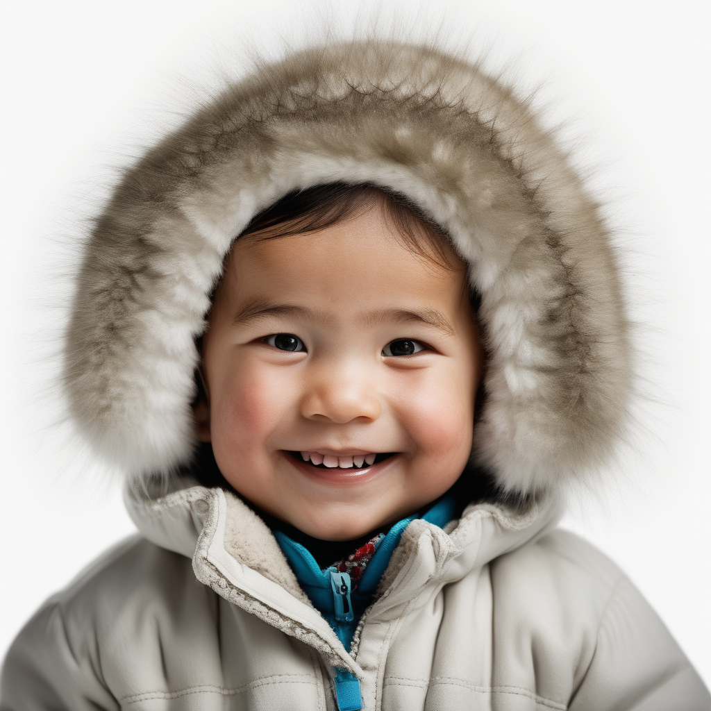 bílé pozadí_reálná tvář_dítě 3 roky_ holka_Eskymaci_Laponsko__charakteristický vzhled_bez čepice_usmívají se_je vidět celá hlava