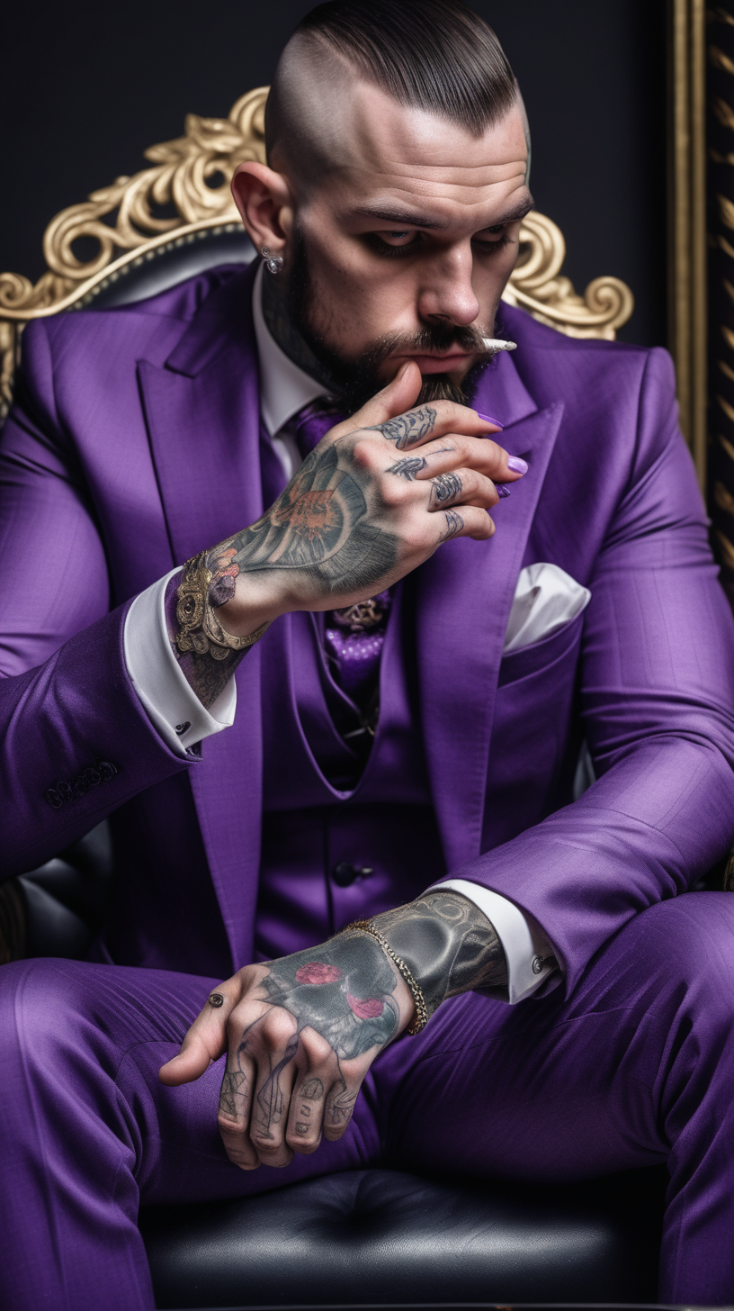 mans tattooed hand and knuckles, resting on arm of throne, holding a joint in a purple suit
