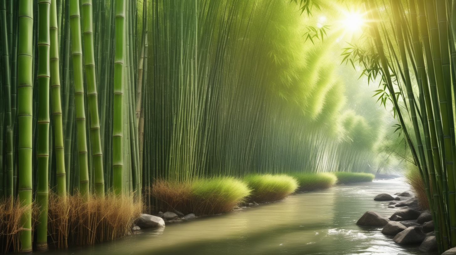 竹林，河流，自然美景，阳光照射