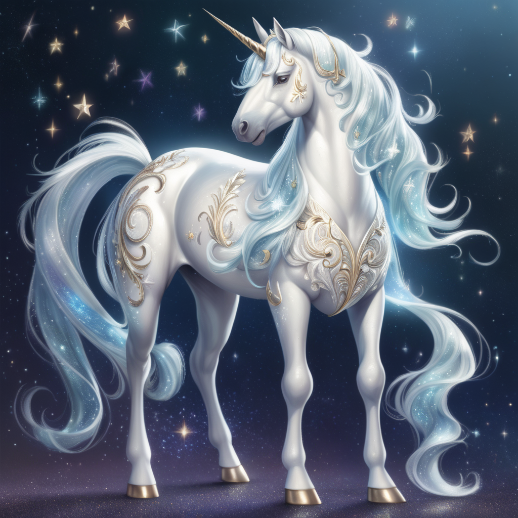 a full body image of a magical white unicorn with a shimmering coat similar to Diana Cooper