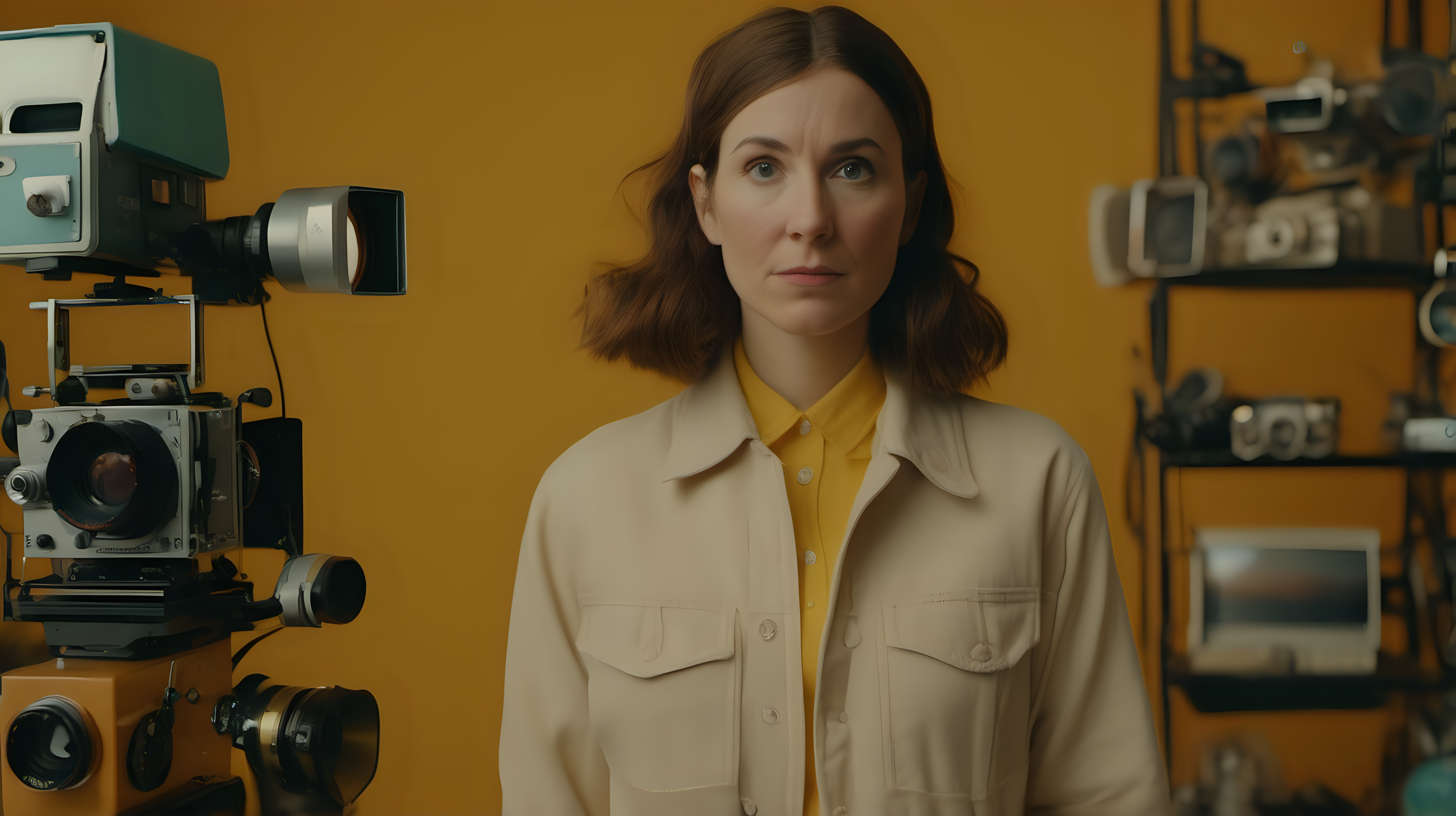 cinematic medium-wide-shot image using a 50mm lens of a female film producer staring at camera in the style of a wes anderson film