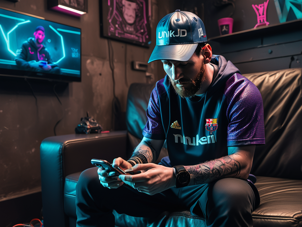 messi sitting on couch playing on a phone with UNKJD writing on hat cyberpunk room