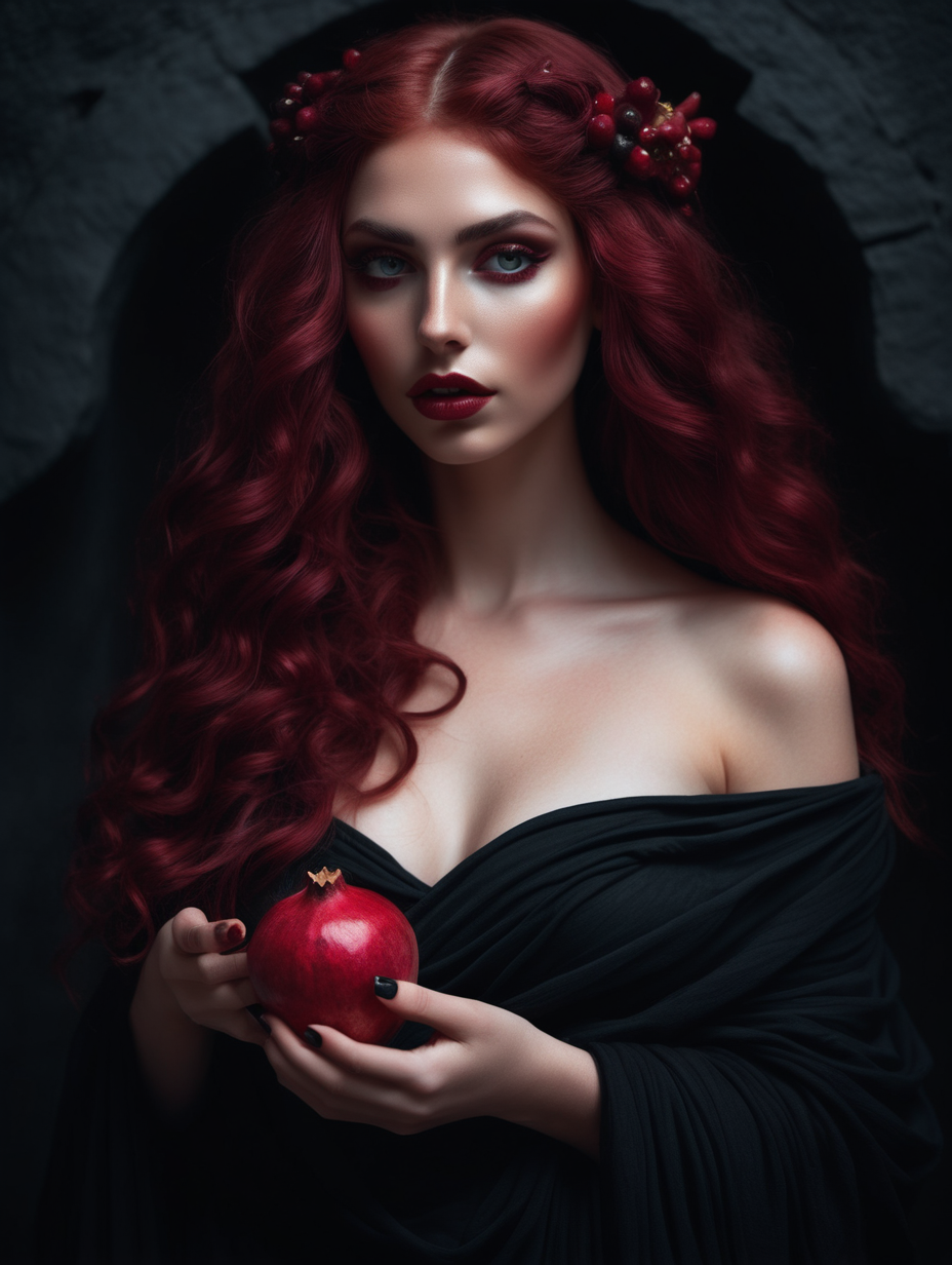 a very beautiful woman
wavy maroon hair
a heart shaped face
perfect lips
in the dark red underworld
wearing a black toga
greek goddess
holding a pomegranate
