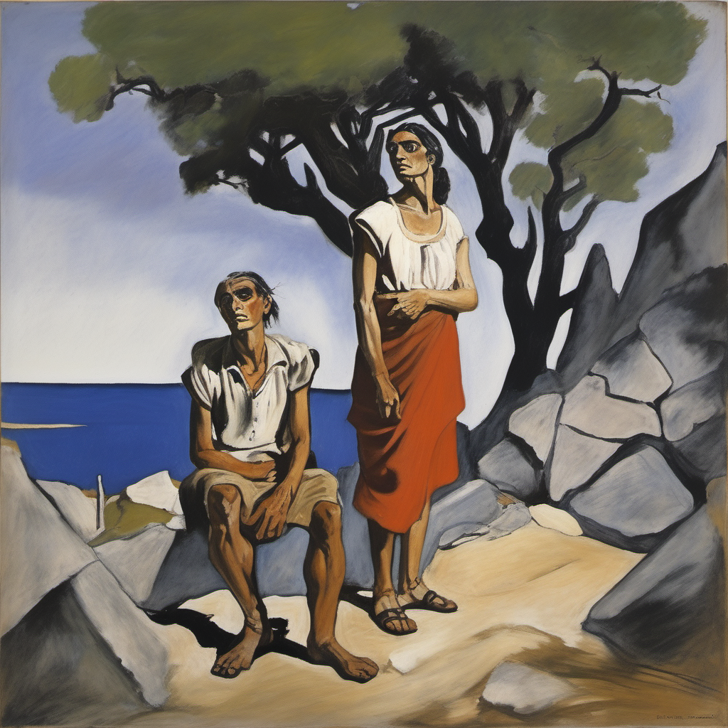 Young German-Indian couple in ancient ruins in Greece, Paula Rego oil painting