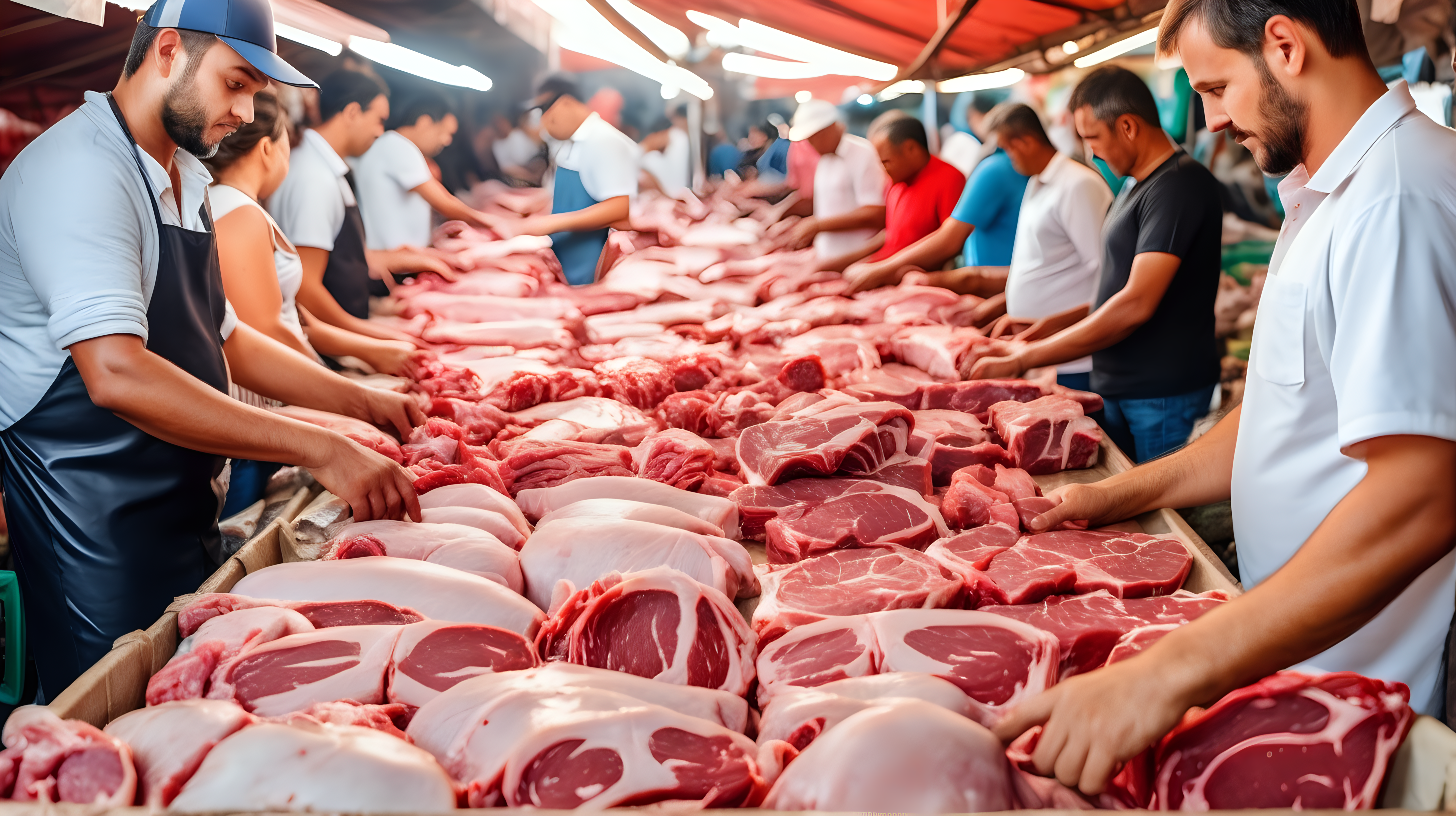 people choose fresh meat from local market