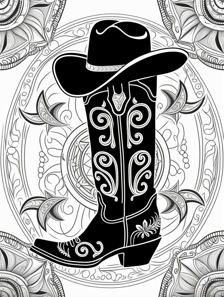 cowboy boots and spurs inspired mandala pattern, black and white, fit to page, children's coloring book, coloring book page, clean line art, line art, no bleed