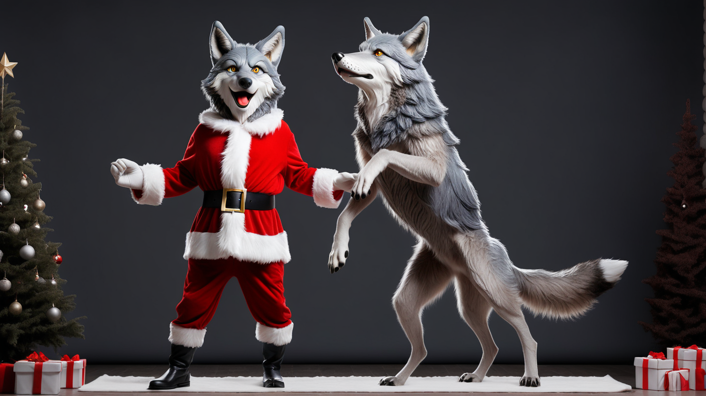 Santa Claus dressed up as a gray wolf