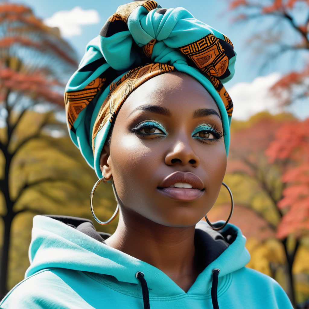 Beautiful Black woman with tribal markings on her eyes and forhead, wearing a multi color African headwrap and African print Skirt, cropped aqua blue cotton hoodie that has a tie at the midsection, wearing denim with African print material  inside the pockets,  Vibrant images that represent African heritage, In Central Park, looking up into the sky, view looking straight at , 4k, high definition, high resolution, light source from above right