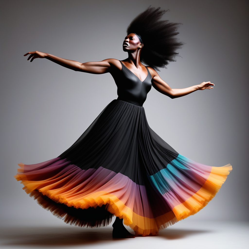 Eine dunkelhutige Schwarze Frau in farbenfrohen flieenden Kleidern