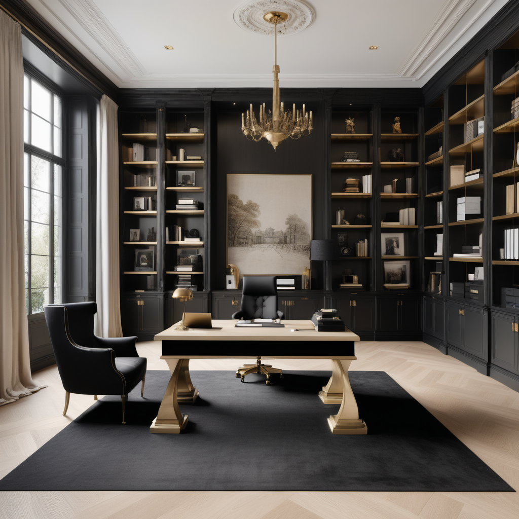 A hyperrealistic image of a grand, large,  Modern Parisian home office in a beige oak brass with accents of  black colour palette, with floor to ceiling windows, floor to ceiling bookshelves,