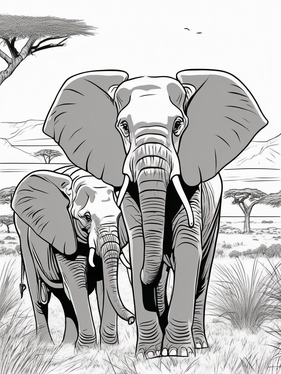 elephants in savanna, coloring page, low details, no colors, no shadows