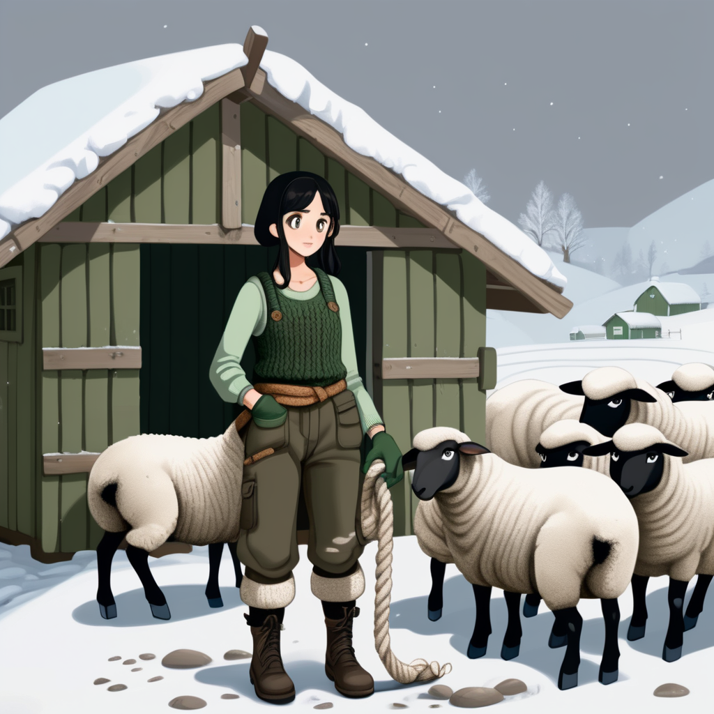 A hot girl black-haired  with green eyes works in a sheep farm. Darkness, cold and lots of snow and deep mud. A wooden hut, a cowshed. She works in front of them and feeds the sheeps. She is wearing short  to ankle black rubber boots with hand-knitted muddy woolen socks sticking out of them and knitted gaiters. He wears work black  working trousers, stained with mud. She is wearing a thick knitted white woolen long-sleeved brown chunky sweater - torn and muddy. On top of it, she wore a Turkish dark green knitted vest with buttons and side pockets. On top of all this is a sleeveless quilt in a dirty green color. There are knitted gloves, a knitted hat in white and gray. She wrapped a hemp rope around her waist . He works with the animals and feed them.