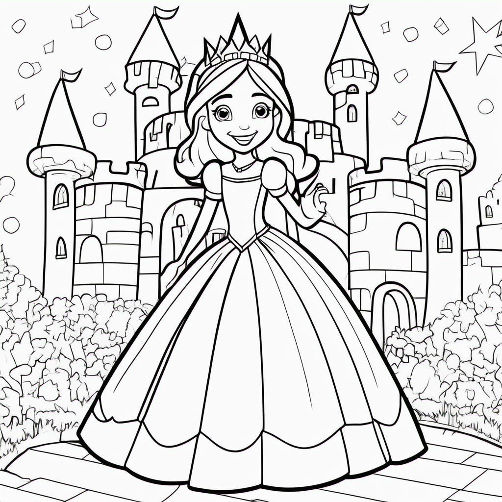 coloring pages for young kids, a princess at a birthday party in a castle,cartoon style, thick lines, low detail, no shading  --ar 9:11