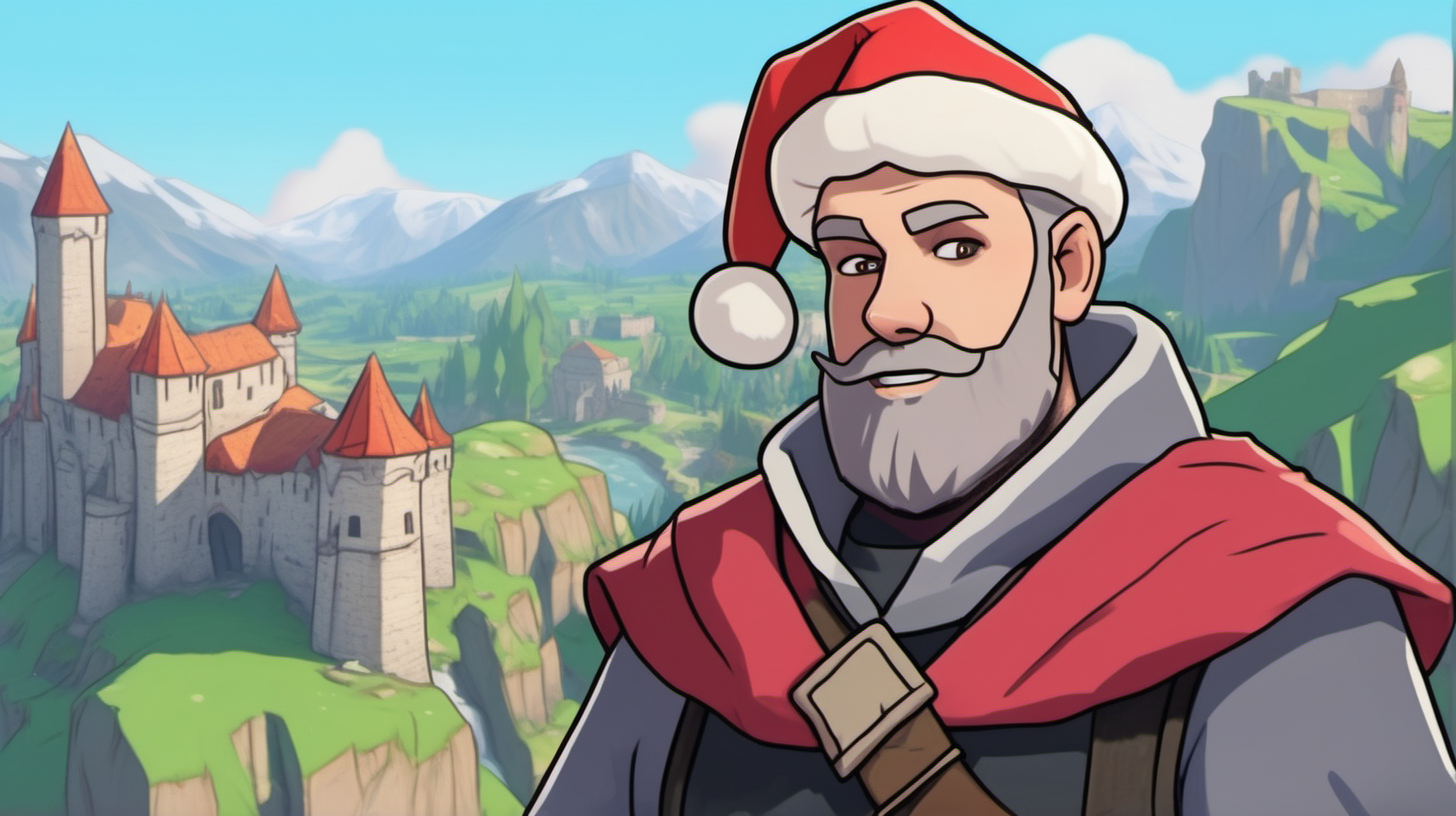 a warrior wearing a santa hat who resembles tom segura with a short styled haircut and grey hair with a short grey beard in the style of the video game Wayfinder, in the background a bright medieval landscape