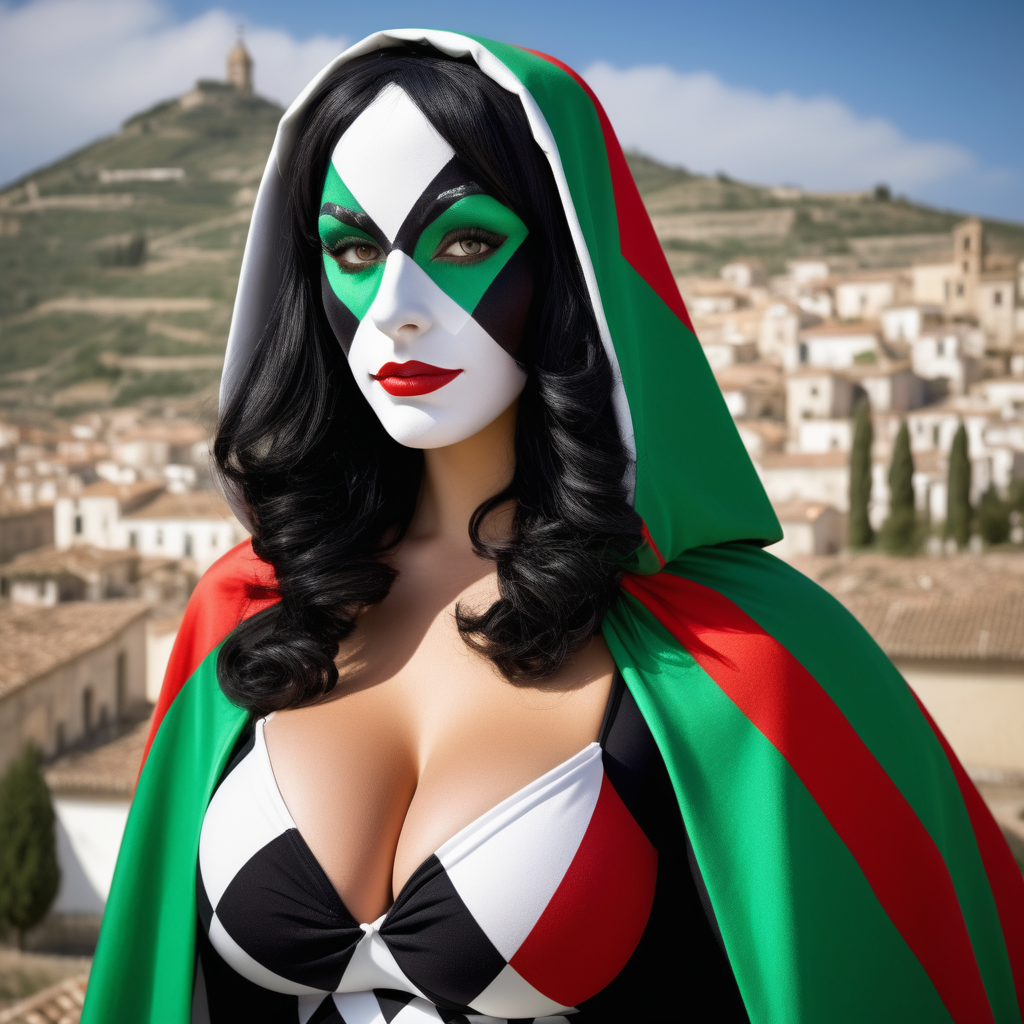 beautiful large breast woman, black hair, green white red skintight rhombus harlequin pattern costume, flag cape and hood, white domino mask, Sicily