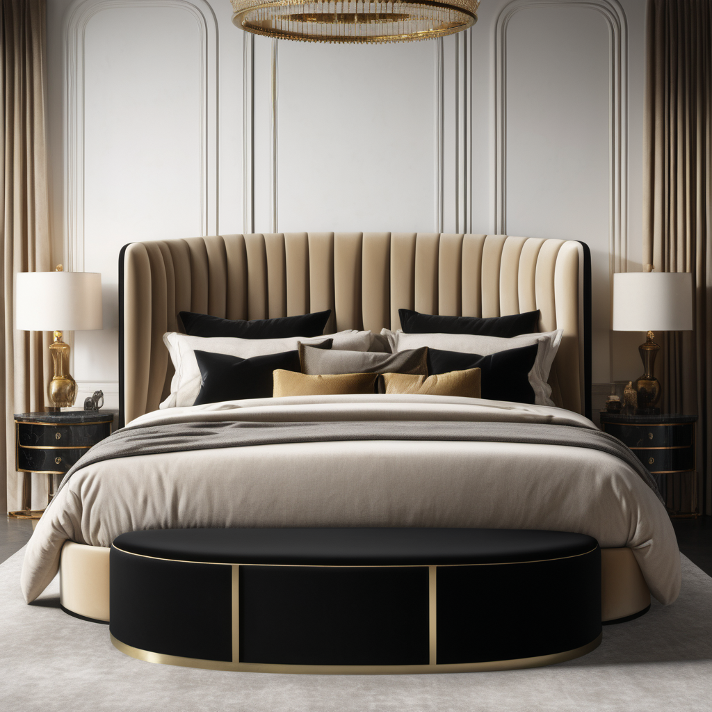 a hyperrealistic image of a velvet modern Parisian  king bed with curved headboard  in beige, black and brass 
