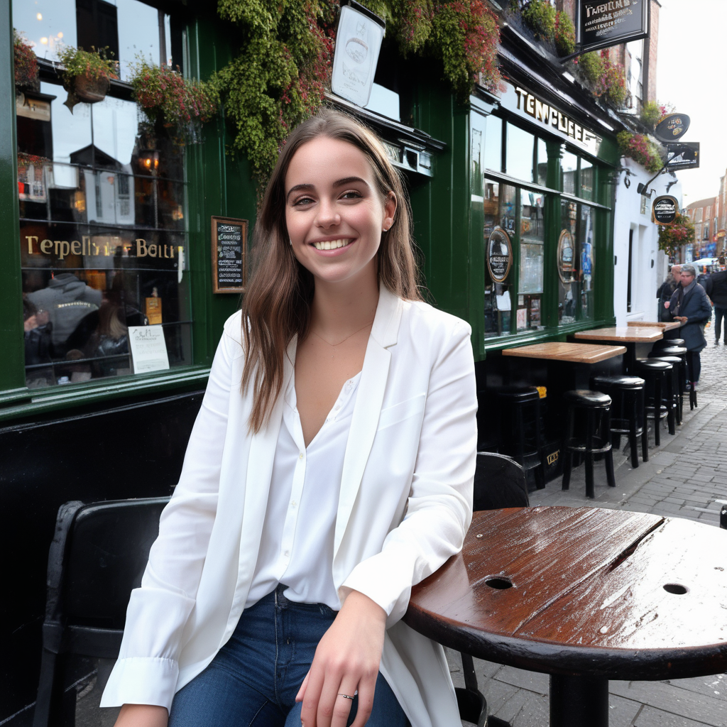 A smiling Emily Feld dressed in a long, white blouse and jeans, with a black jacket sitting at a table outside a pub in Templebar, Dublin