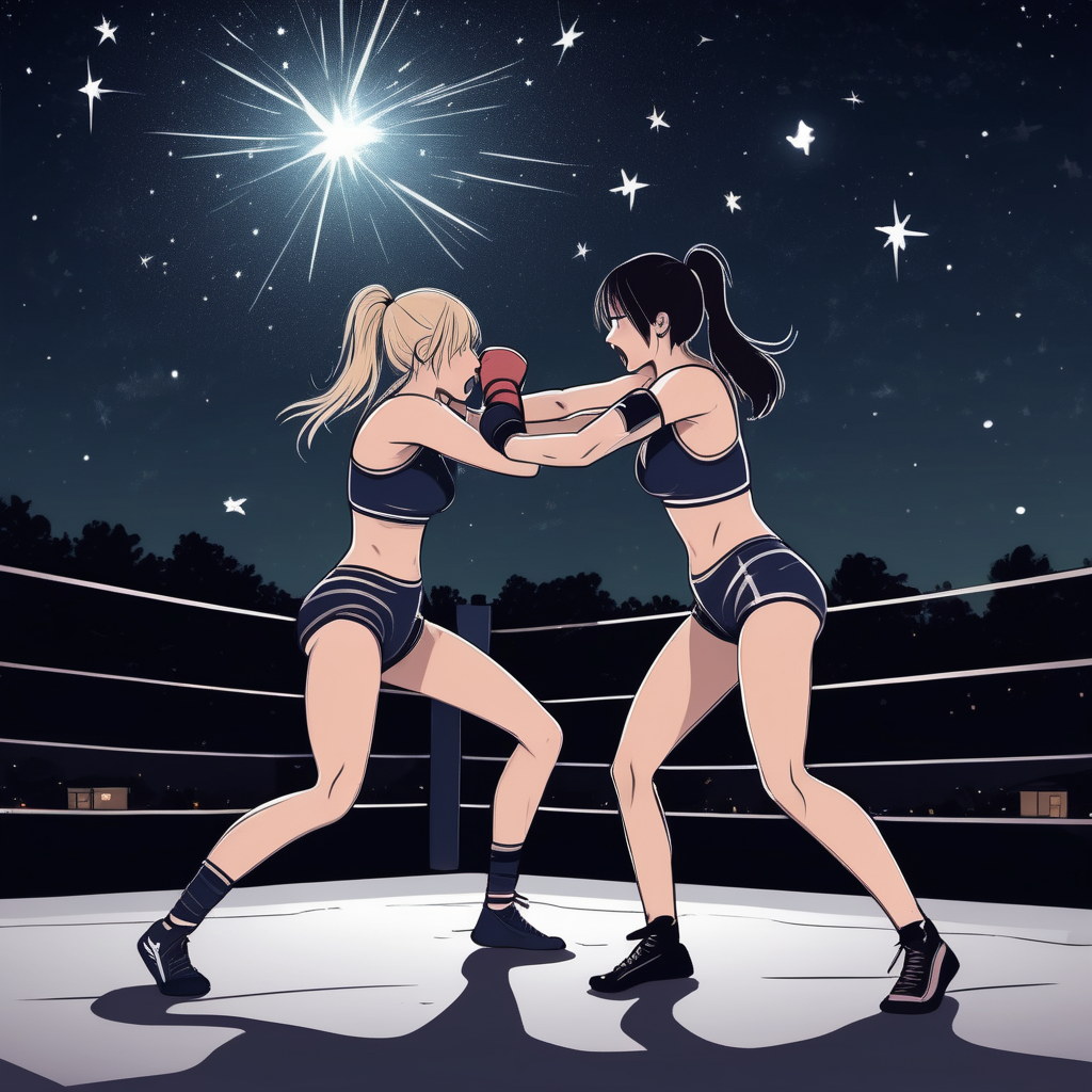 thin girls fighting and wrestling under the stars