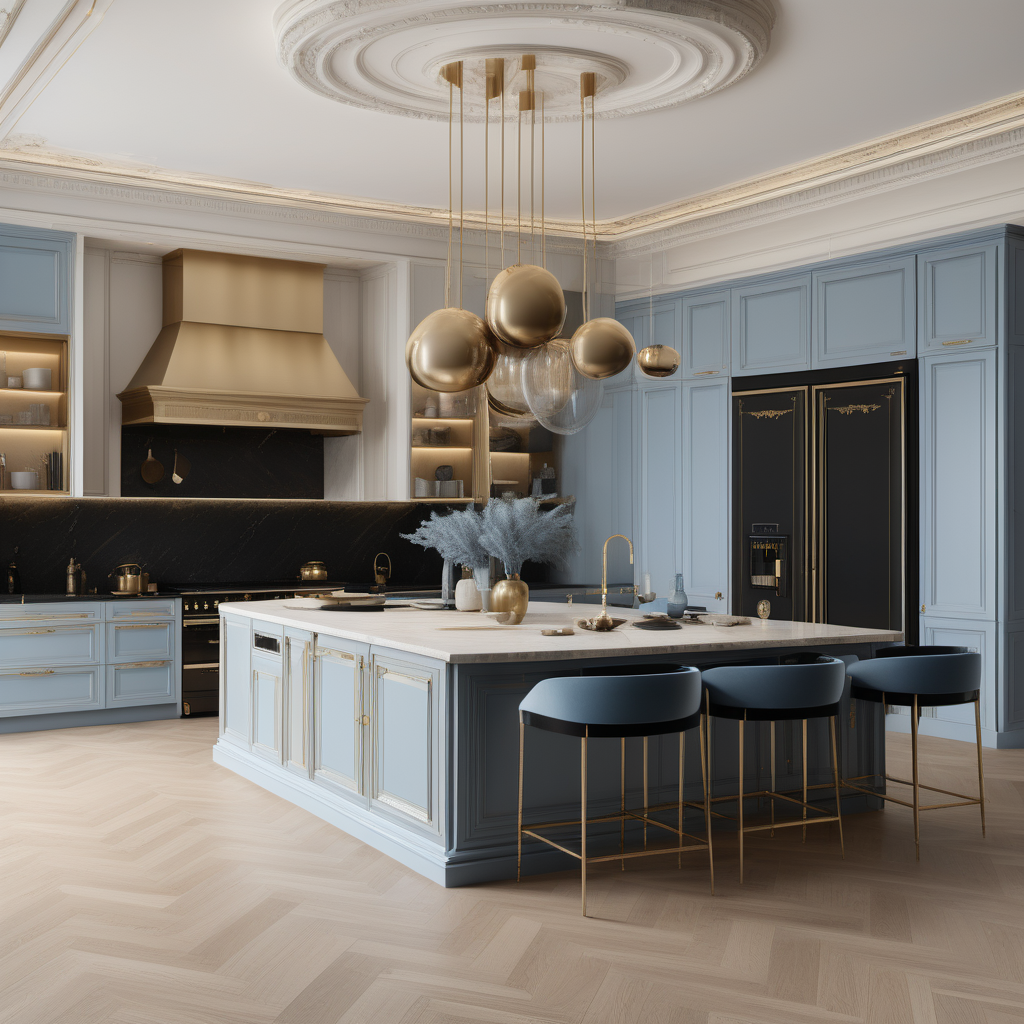 A hyperrealistic image of a luxurious, grand  modern Parisian kitchen with island in a beige oak brass colour palette with accents of black and muted soft blue