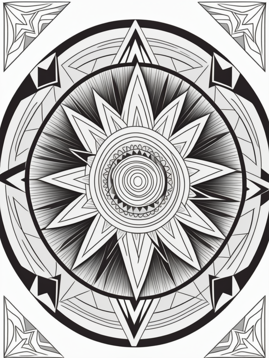 arrowhead inspired mandala pattern, black and white, fit to page, children's coloring book, coloring book page, clean line art, line art, no bleed
