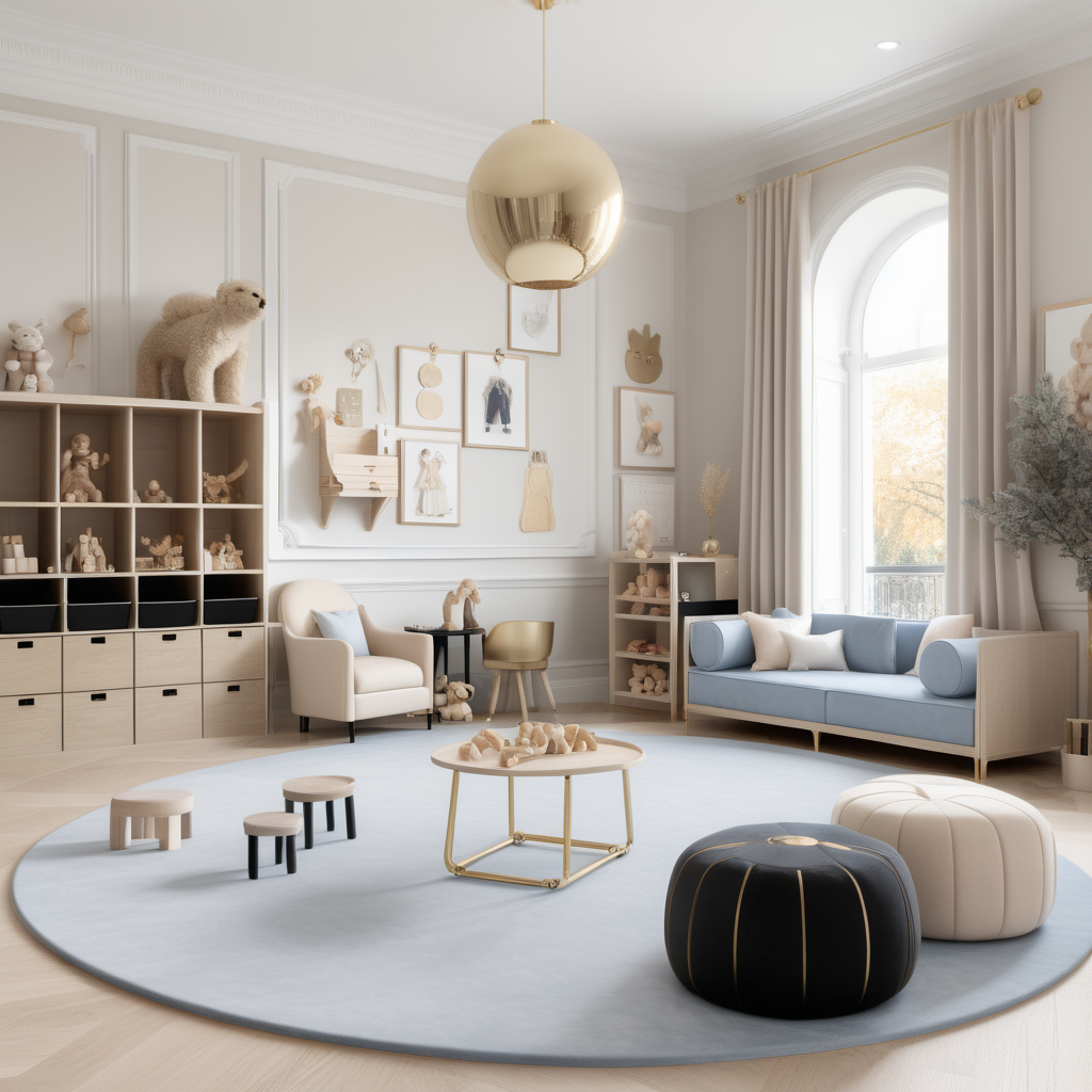 A hyperrealistic image of a luxurious modern Parisian Montessori-inspired play room in a beige oak brass colour palette with accents of black and soft muted blue
