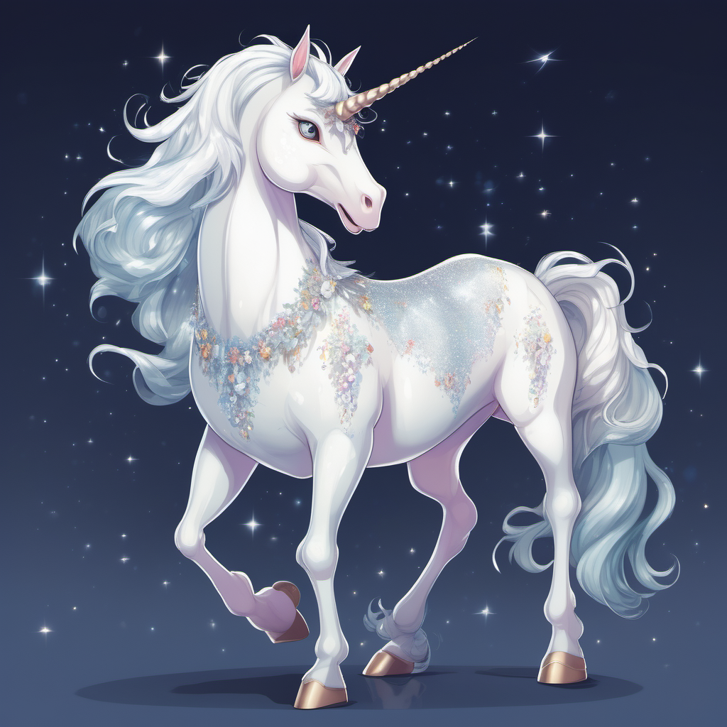 a full body image of a majestic magical white unicorn with a shimmering coat similar to Diana Cooper in anime cartoon style