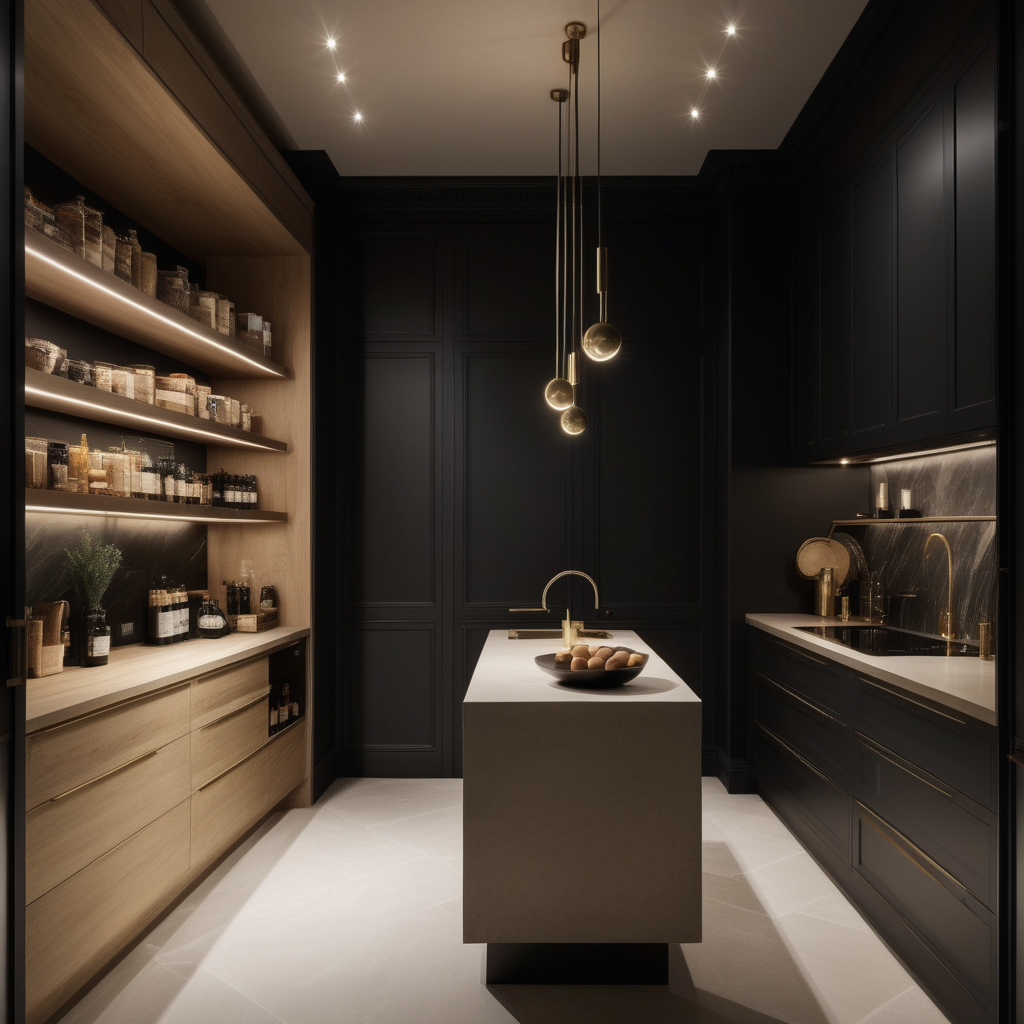 hyperrealistic of an elegant modern Parisian pantry at night; mood lighting;  Limestone flooring; beige, oak, brass and accents of black colour palette; modern brass pendant light
