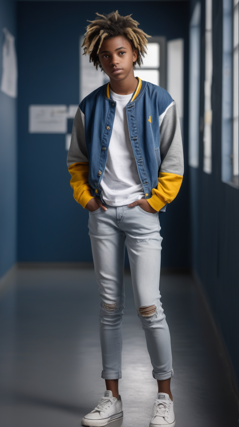 A handsome, black, male, teenager, with short hair, faded on the sides, wearing a yellow, and Grey, cotton varsity jacket, wearing a blue and white, striped, tee shirt, wearing blue, denim, in a class room, in Ultra 4K, High Definition, full resolution, hyper realism