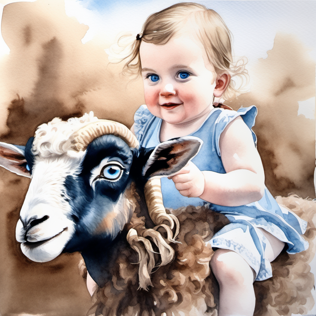 A watercolour painting of beautiful blue eyed baby girl Lillie riding on the back of a small dark brown curly horned ram