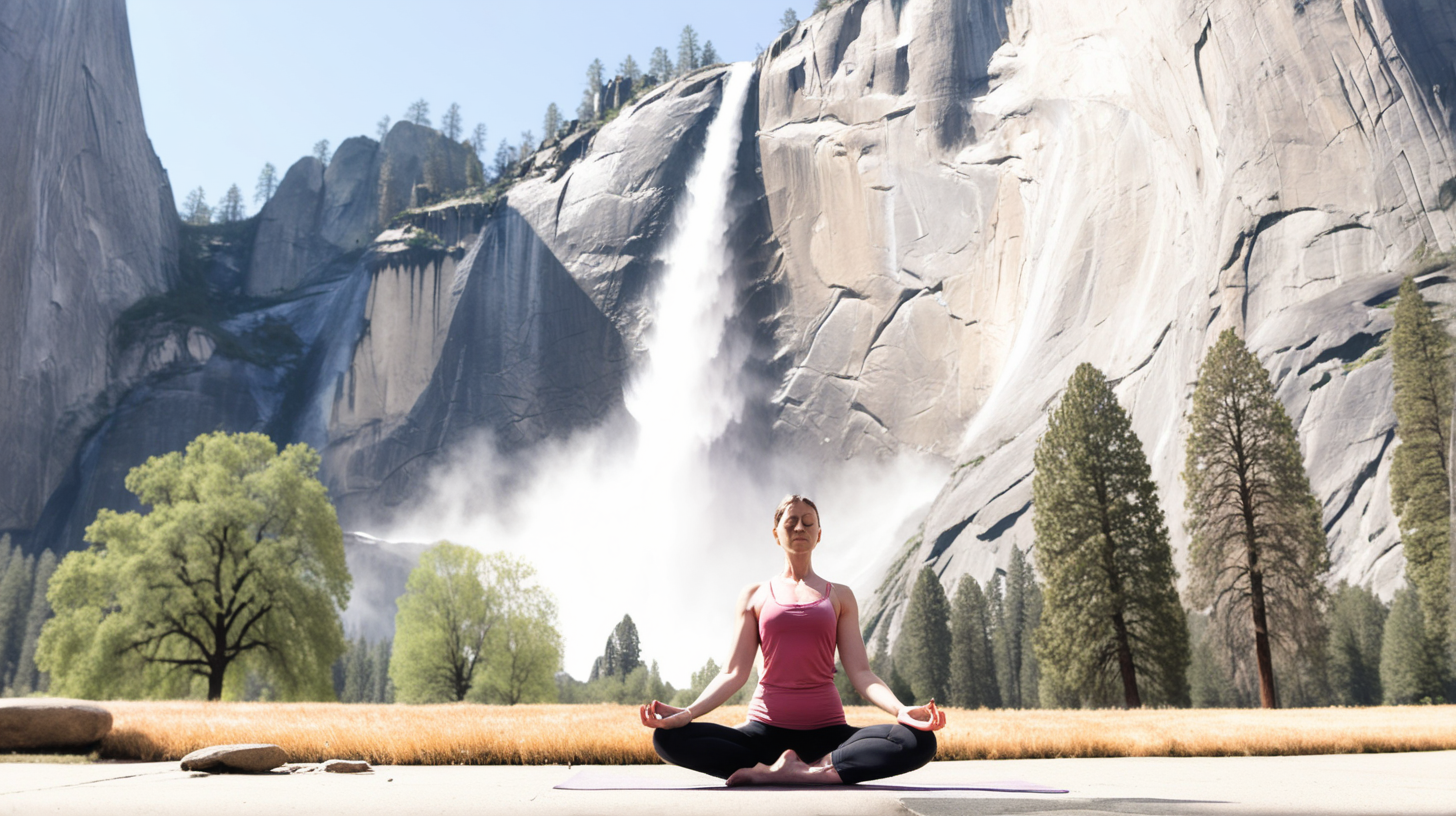 woman practicing yoga in front of Yosemite Falls