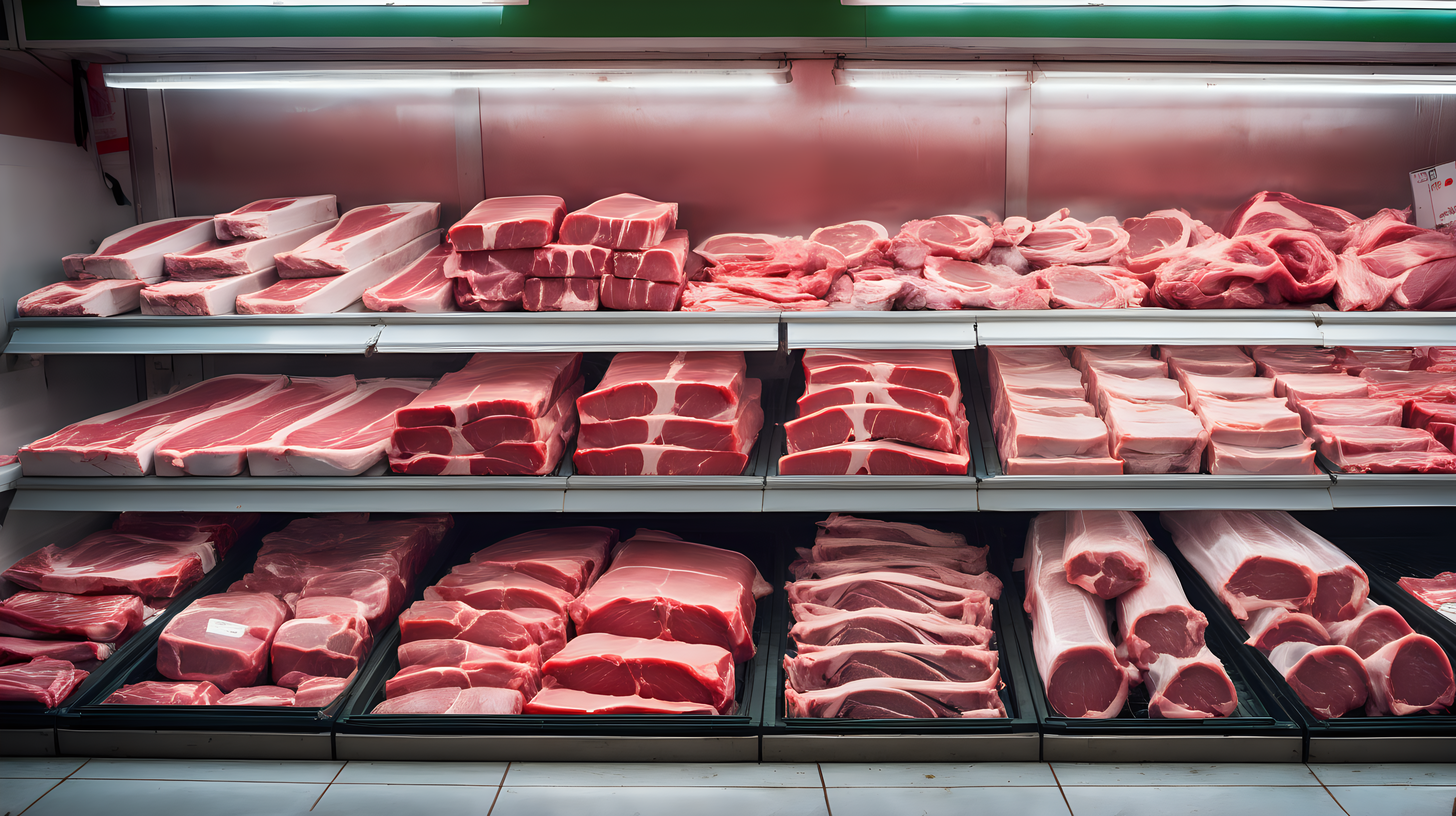 shelves of fresh meat in market