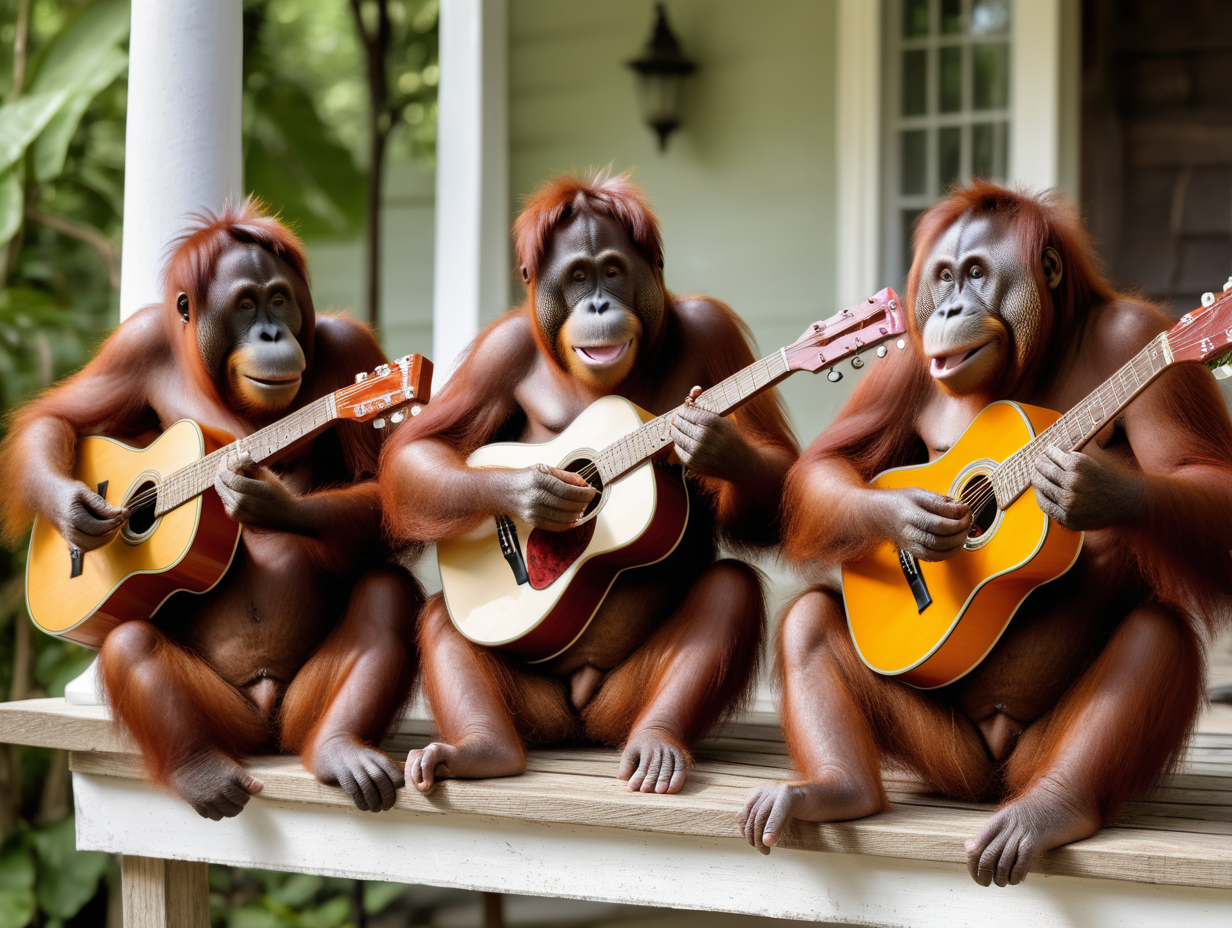 4 orangutans playing guitars on a porch