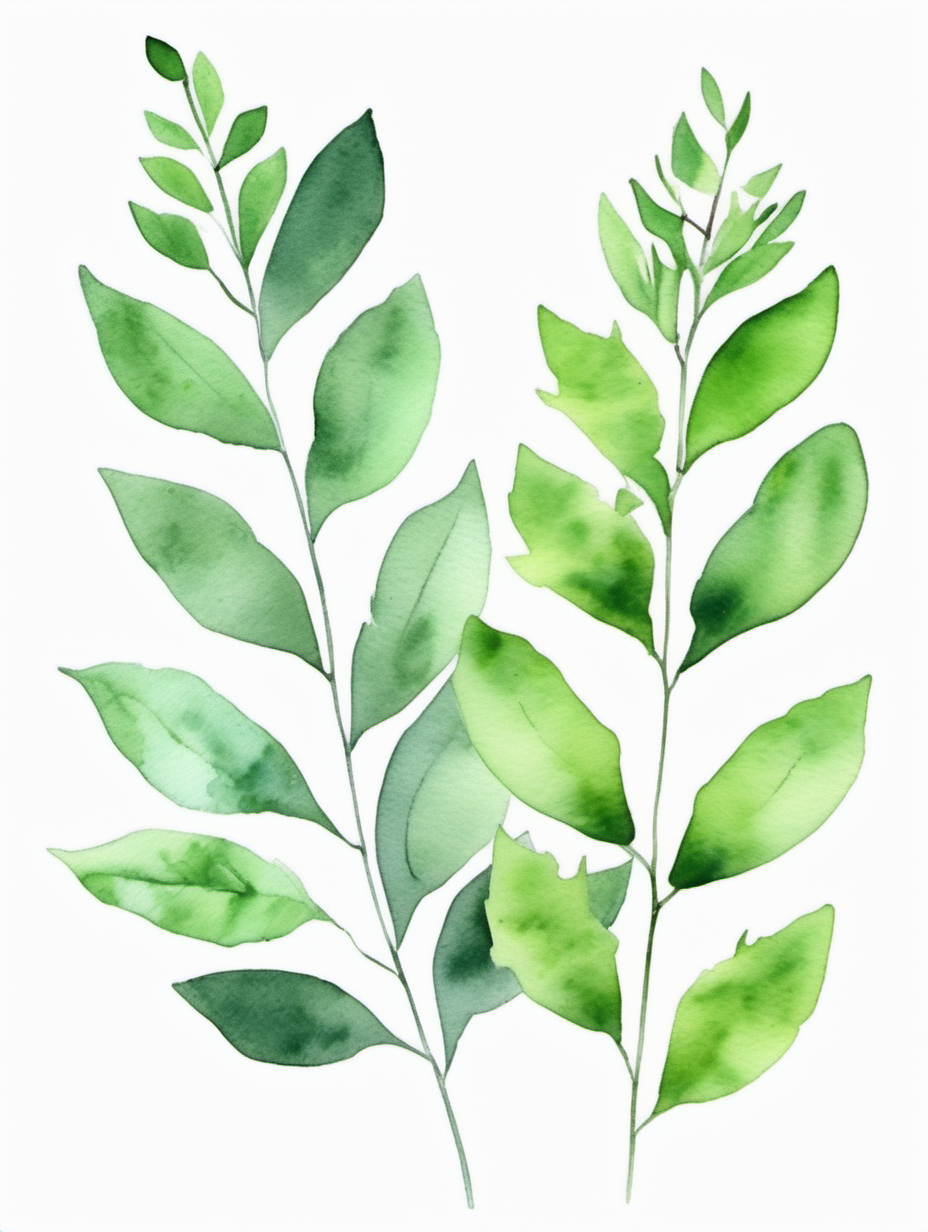 simple green foliage, watercolor, white background