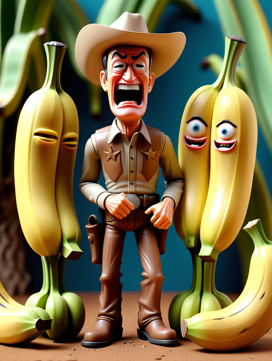 toy john wayne cowboy toy standing next to three giant bananas that have a scared faces, full body, with a very sad face frowning crying streams of tears, pixar style animation
