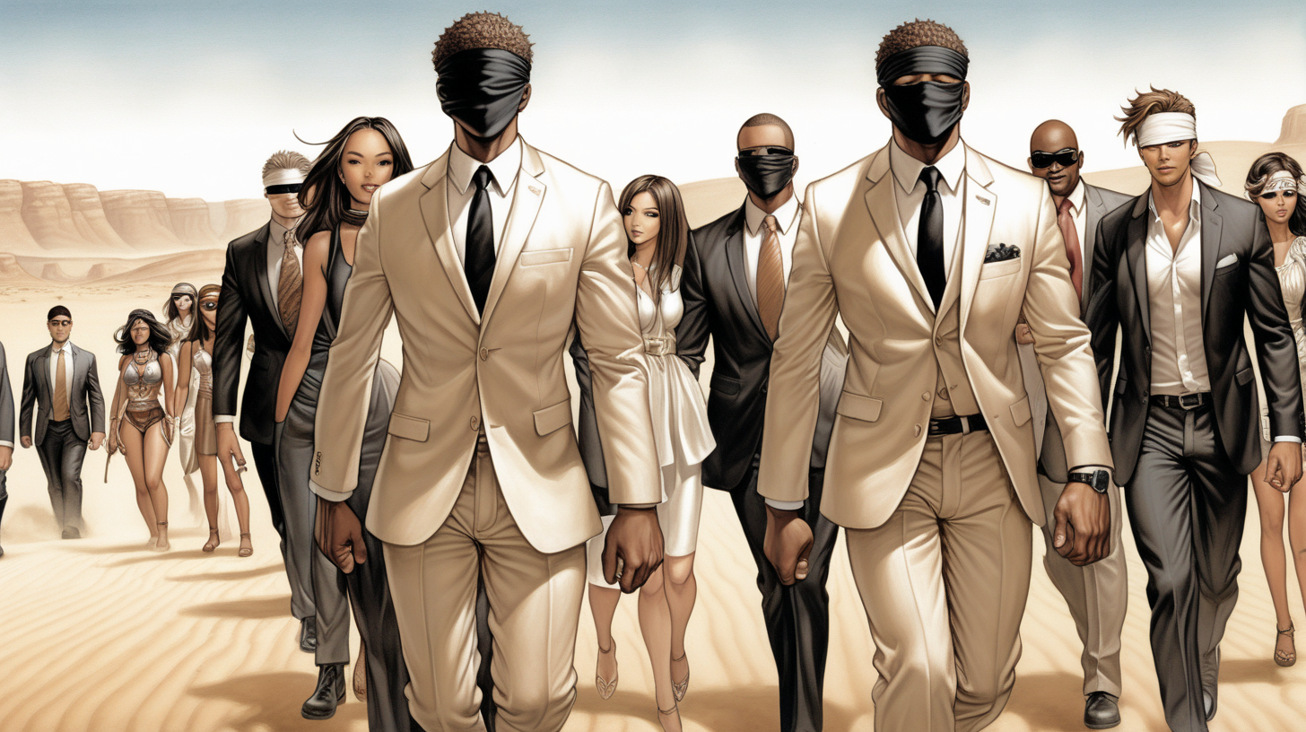 a blindfolded  man with a smile leading a group of gorgeous and ethereal white and black mixed men & women with earthy skin, walking in a desert with his colleagues, in full American suit, followed by a group of people in the art style of IN-HYUK LEE comic book drawing, illustration, rule of thirds