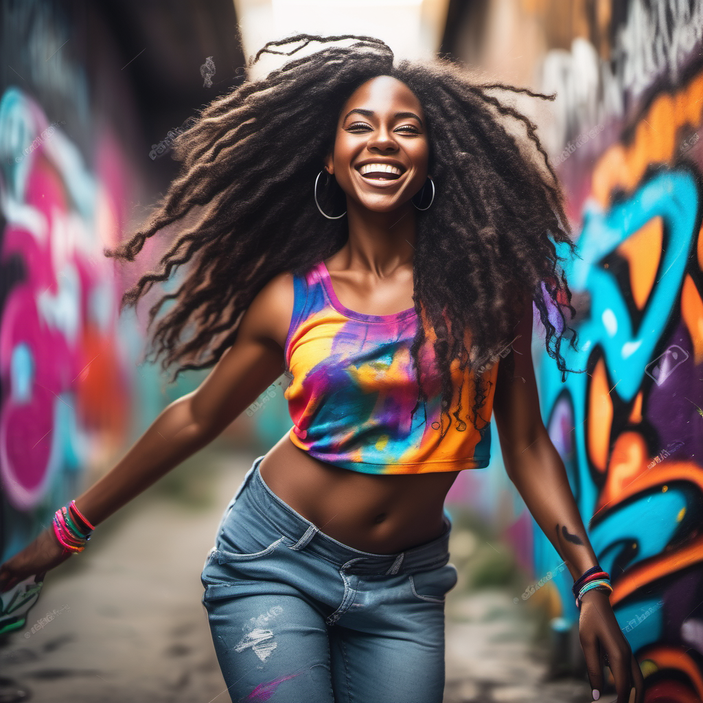 Beautiful young dark skin black woman with long flowing hair and bright colorful flowing clothes, looks back playfully at camera with smile while dancing in graffiti art style