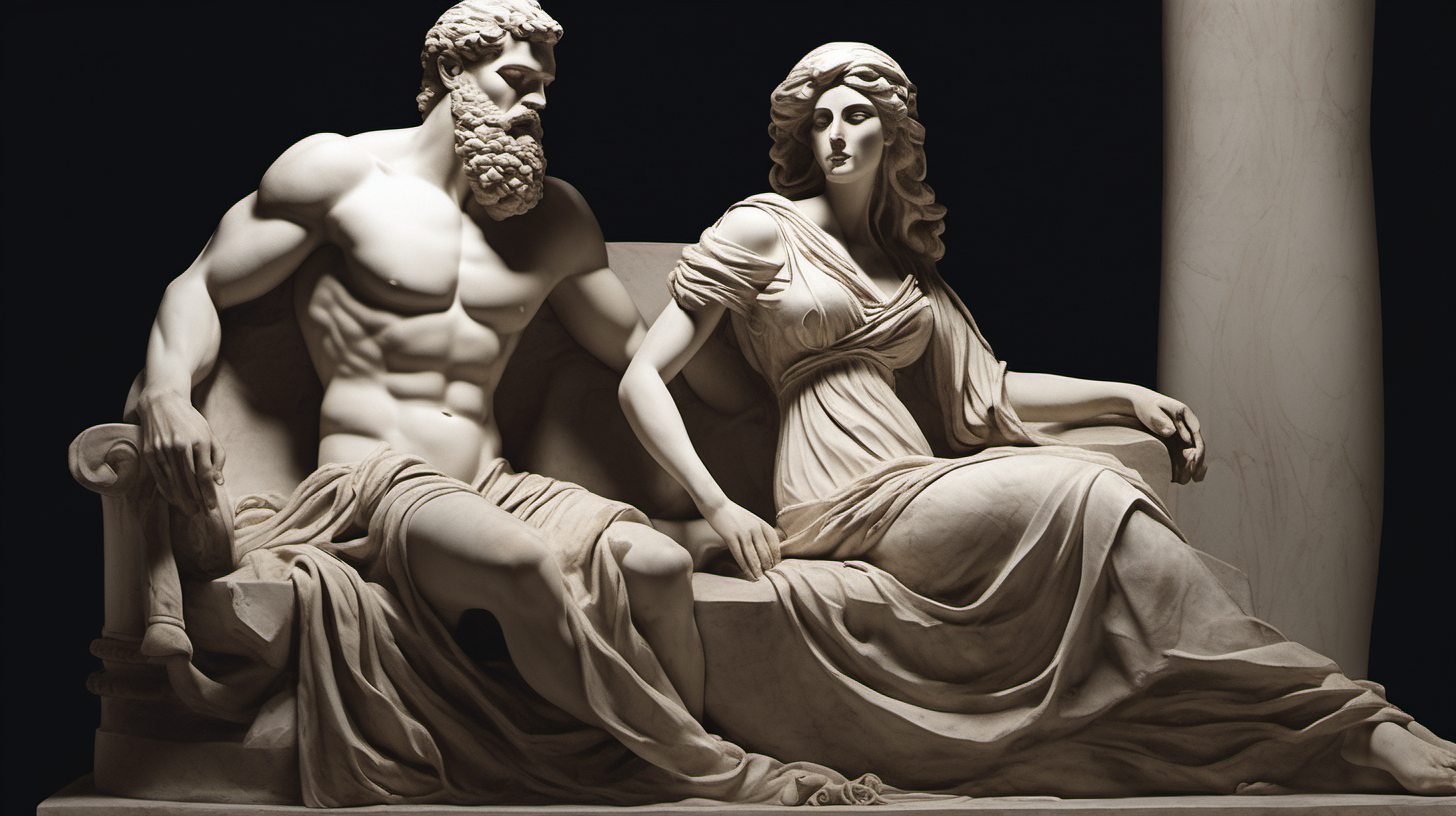 ﻿
Image of a full-body statue depicting a muscular, bearded man sitting near to his beautiful wife. The statue should be in the style of ancient Greek art, characteristic of Stoicism. It should feature clothing elegantly draped over one shoulder. The background should be dark, highlighting the statue as the central element. The statue must demonstrate exceptional
craftsmanship, with intricate details visible in the facial features and attire. The image should have a dramatic feel, achieved through the interplay of light and shadow. The perspective should be a wide shot.