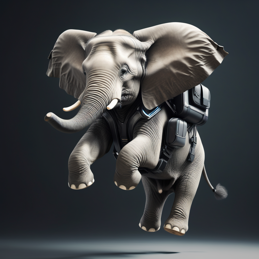 photorealistic elephant flying with jetpack