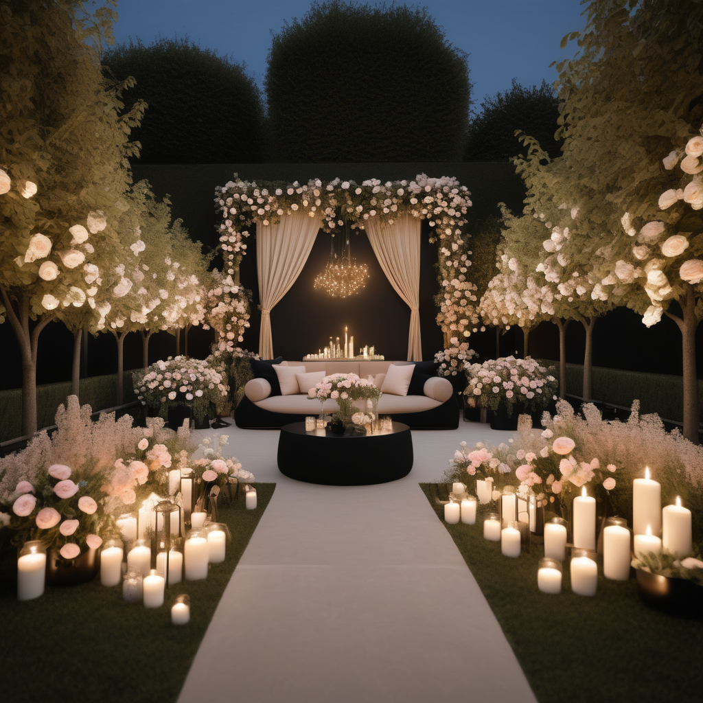 a hyperrealistic of a grand Modern Parisian large open backyard set up for a romantic dinner party in a beige oak brass and black colour palette with  flowers and candles and mood lighting
