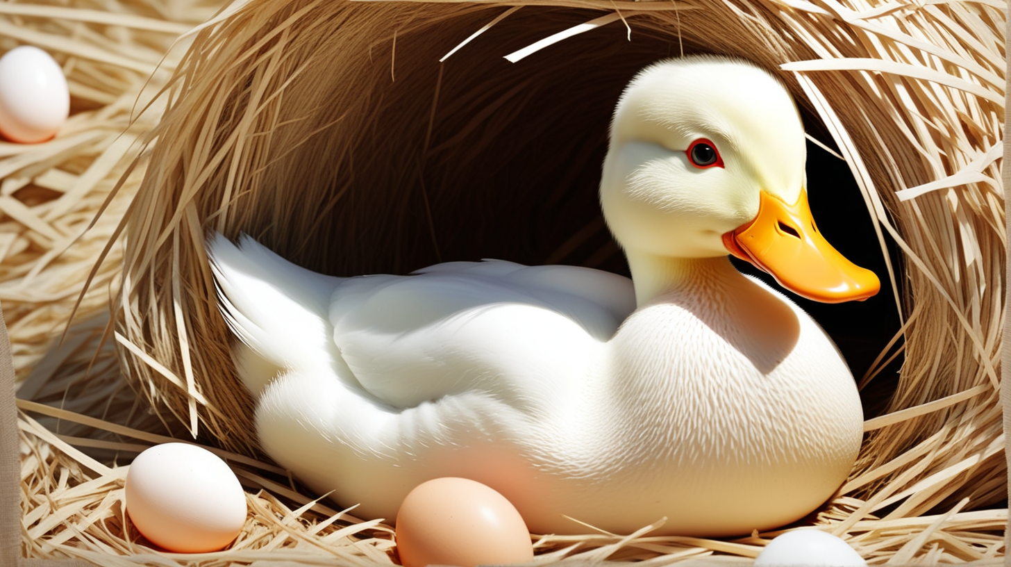 Depict a white duck hiding her egg beneath