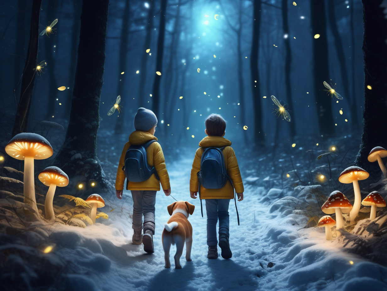 Create a image of a lost child walking in a snowy forest at night with fireflies and glowing mushrooms with a puppy