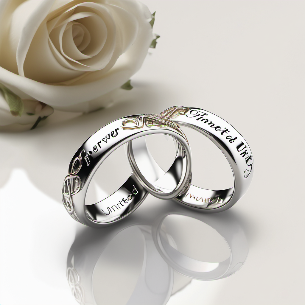 create Elegant intertwined wedding rings with the tagline "Forever United, A Wedding Innovation." Wrtiten in fancy letter

