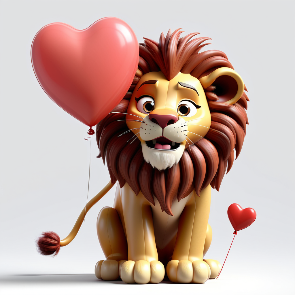 "Sweet Pixar 3D Valentine's Lion" - Imagine an endearing Pixar 3D lion with fluffy mane, playfully with a heart-shaped balloon, set against a clean white backdrop. Ideal for conveying affection. --v 5 --stylize 1000