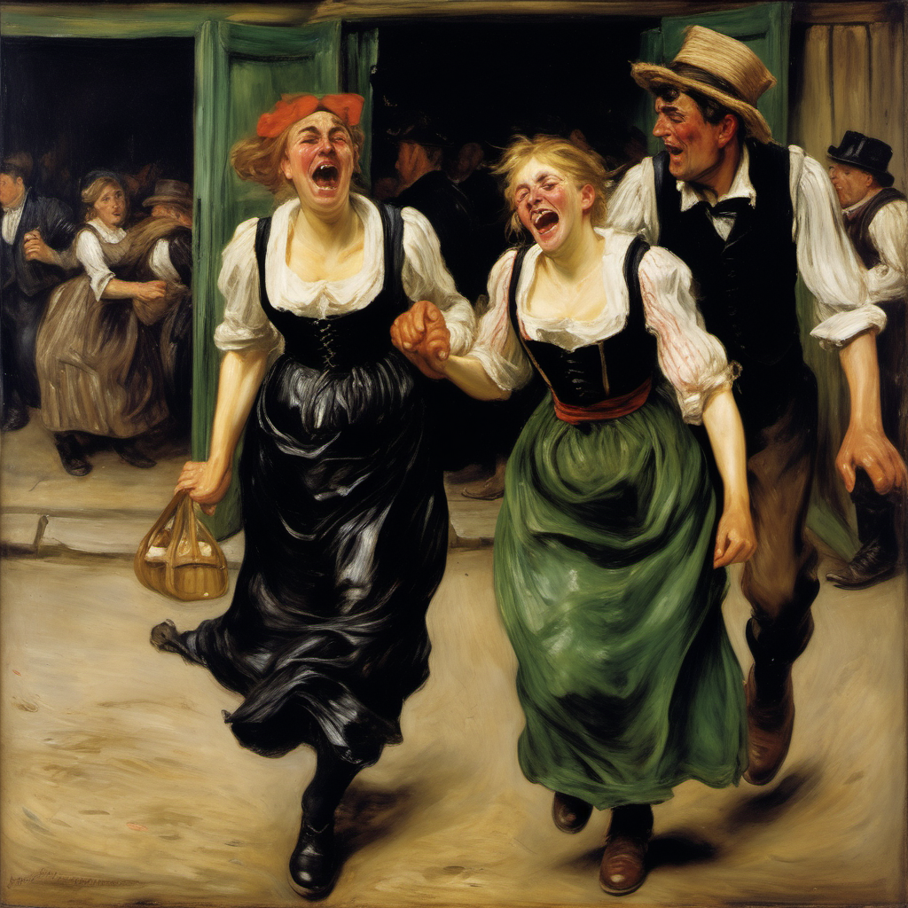 A drunk and crying young woman is being accompanied by a woman and a man to find her way out of Oktoberfest, Max Liebermann oil painting