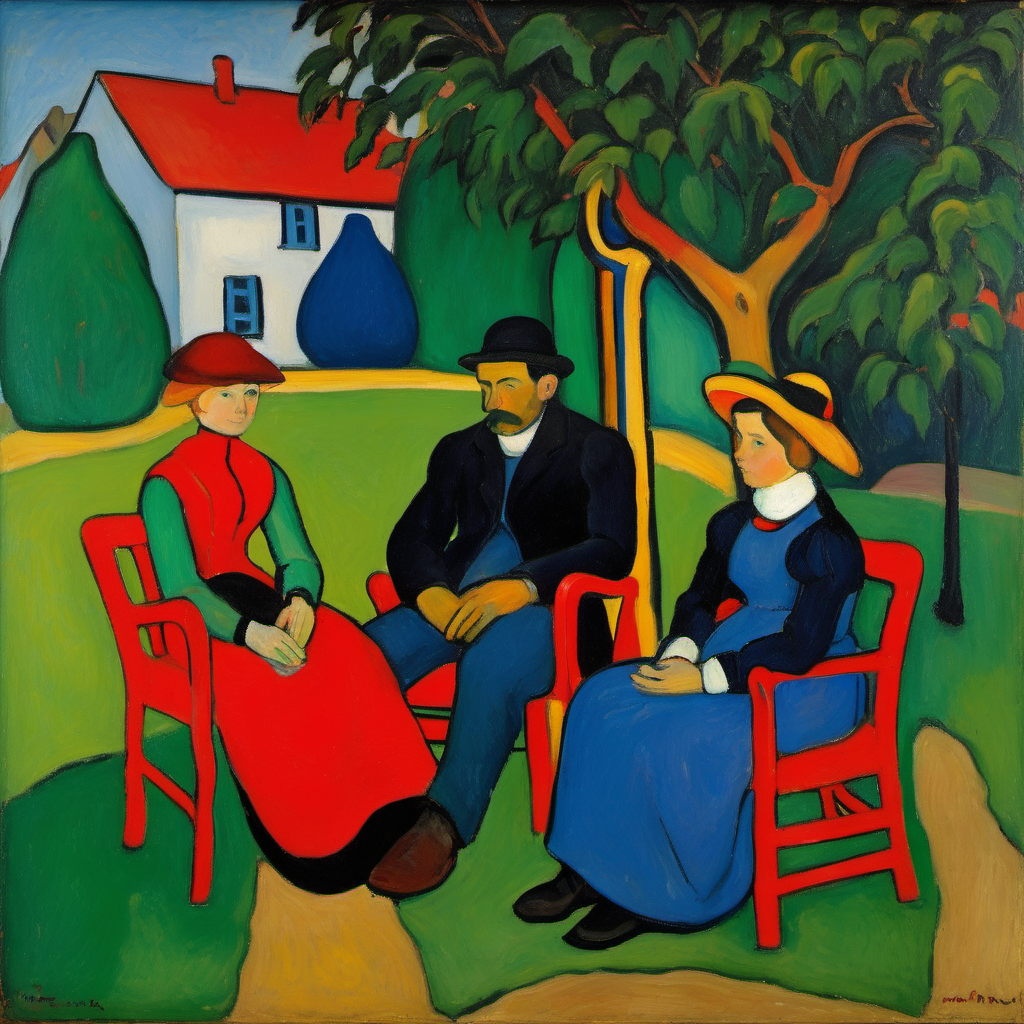 A family sitting in Gabriele Münter's garden, Gabriele Münter oil painting